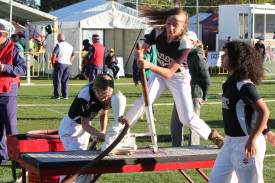 Mabel Small, Kara Rogers and Samantha Atherton working the Low Down Pump at Stawell