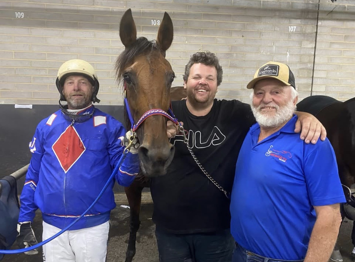 Scott Torney with Ballarat winner Leggy Peggy alongside Shaun and Noel McNaulty