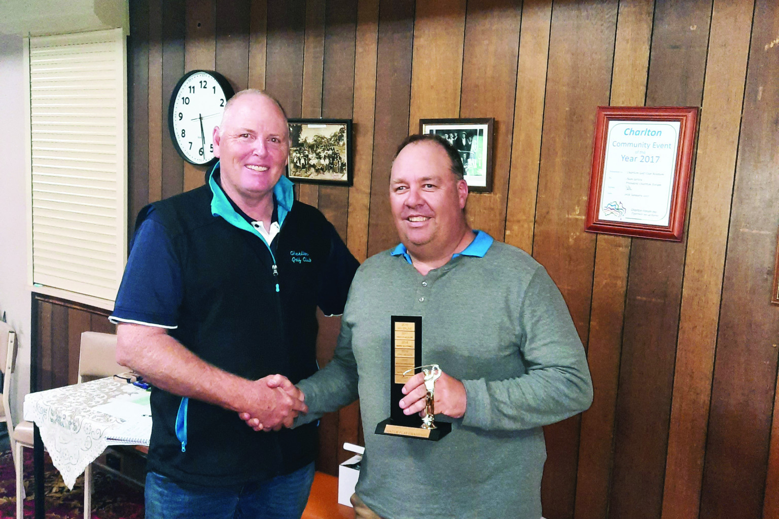 Club captain Jamey Soulsby presents Wayne Southwell with his trophy at the weekend. CONTRIBUTED