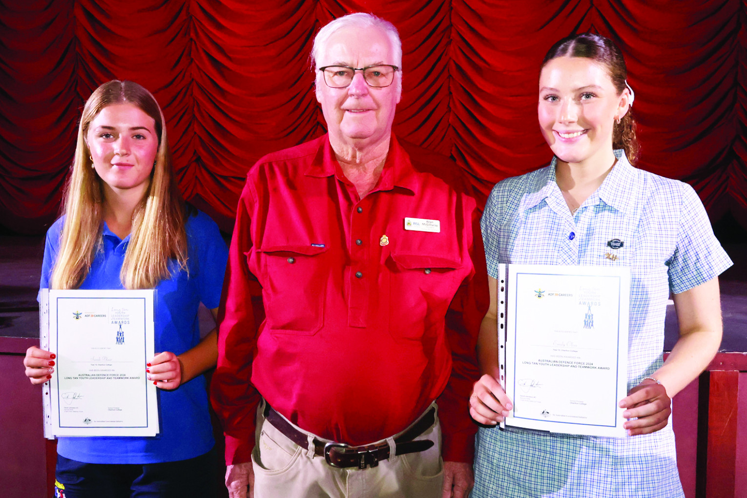 Recipients of the ADF Leadership Award, pictured with Allan McGillivray (Charlton RSL) (centre) : Sarah Blair and Emily Olive.