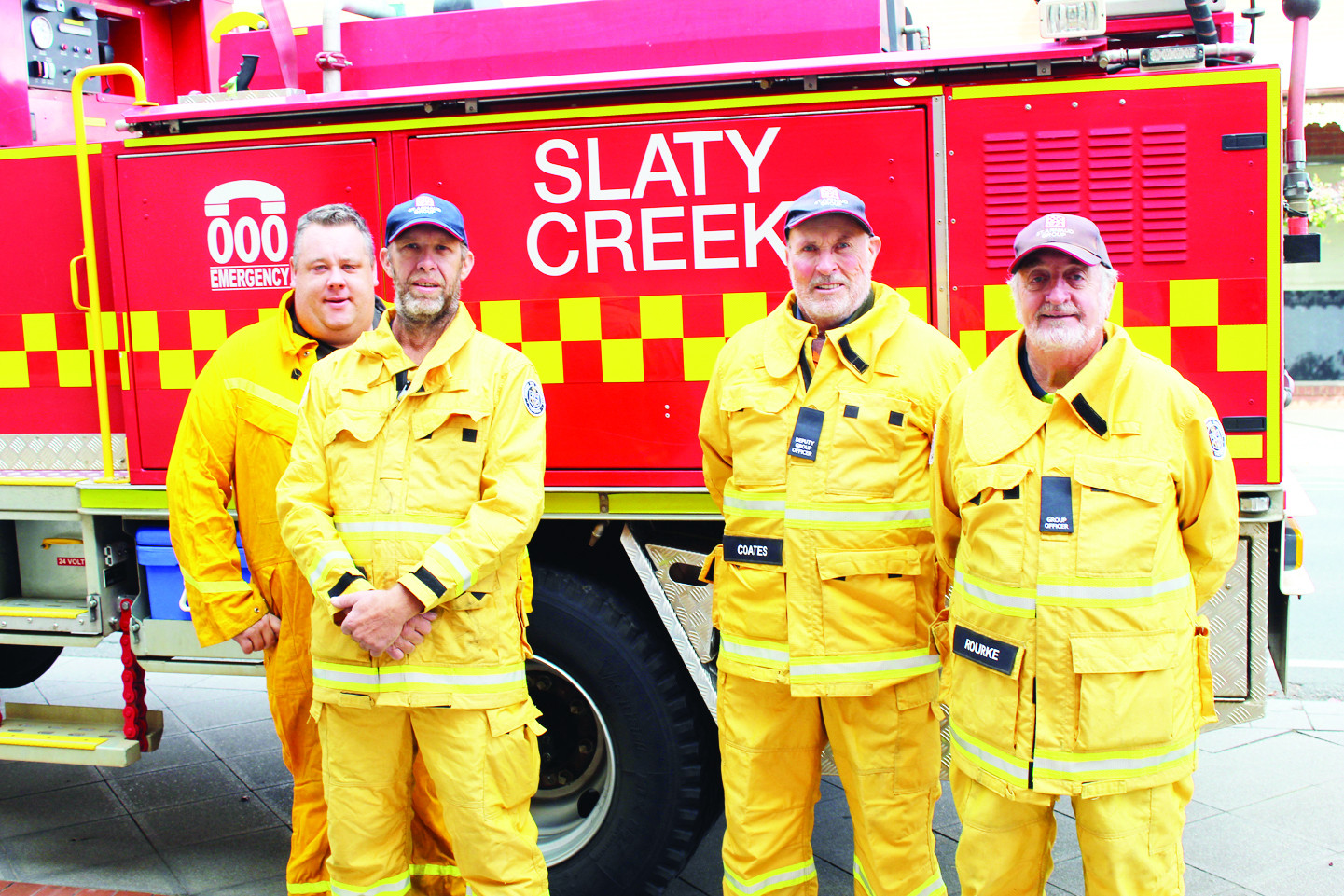 Above: The Slaty Creek fire truck attended the Thank You BBQ to Fireys last Saturday and of the CFA members in attendance (left to right) Hayden Perry, Daryl Wright, Neil Coates and Wayne Rourke for an appreciative crowd.
