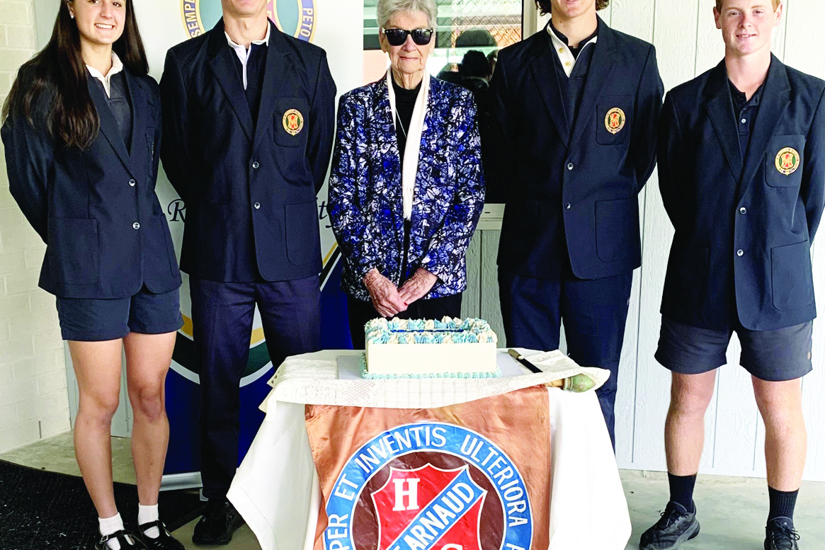 Mrs Lorna Rice (centre) celebrates 110 years with School Captains (left to right) Scarlet Hand, Tyson Funston, Owen Lowe and Ben Greenaway.