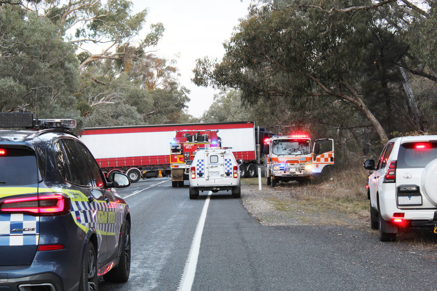 Above: Stuart Mill CFA and other Emergency vehicles including St. Arnaud SES and ambulances were in attendance at a serious incident on the Sunraysia Highway last Wednesday.