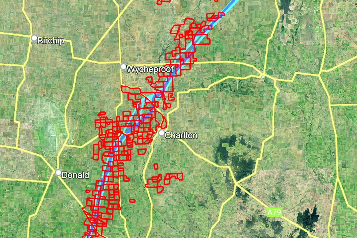 The map that shows the number of ‘blocks’/farmers (marked as red boxes) that are opposed to the VNI West Interconnector transmission line. This is an interim map as other landholders sign up to the petition. PHOTO: Supplied – Barry Batters.