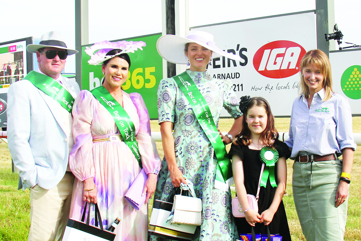 Our winners of the Best on the Track at the St. Arnaud Cup were (left to right) Michael Carty Best Dressed Gent, Kelly Carty Best Dressed Millinery, Ashley Mason Best Dressed Lady, Sadie Peacock Best Dressed Junior, joined with Karen Russ (Russ Studio Jewellers St. Arnaud) who presented the prizes.