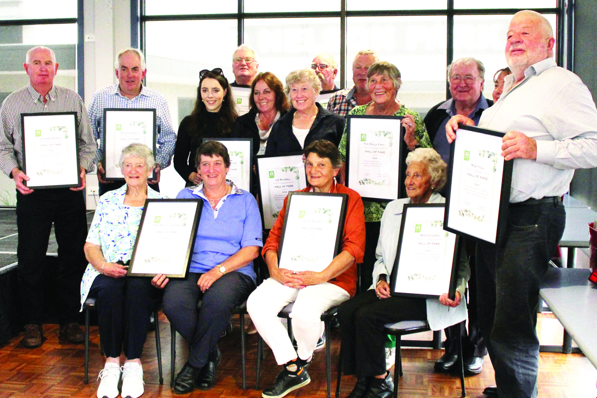Inaugural Hall of Fame recipients of the BNGLN. (left to right) Back row: Lindsay Ezard, Greg Simpson, Steve Jesse, Glen McDonald and Peter Falla. Middle Row: Kate Douglas, Debra Douglas, Liz Russell, Alison Lipshut, Keith Rowley and Wendy Pollard (partly obscured) Front Row: Marg Proctor, Brenda Proctor, Anne Hughes and Lorraine Rowley