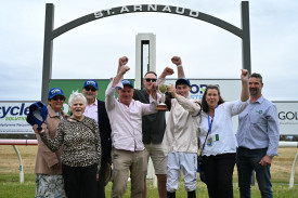 Dave Russ (right) with Khoekhoe’s owners, trainer Matt Cumani and jockey Cian MacRedmond.